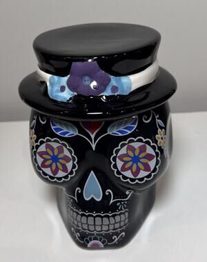 Dia De Los Muertos Sugar Skull Ceramic Canister Jar w/ Lid Top Hat Unused